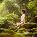A woman in serene meditation in a lush forest, surrounded by trees and moss.